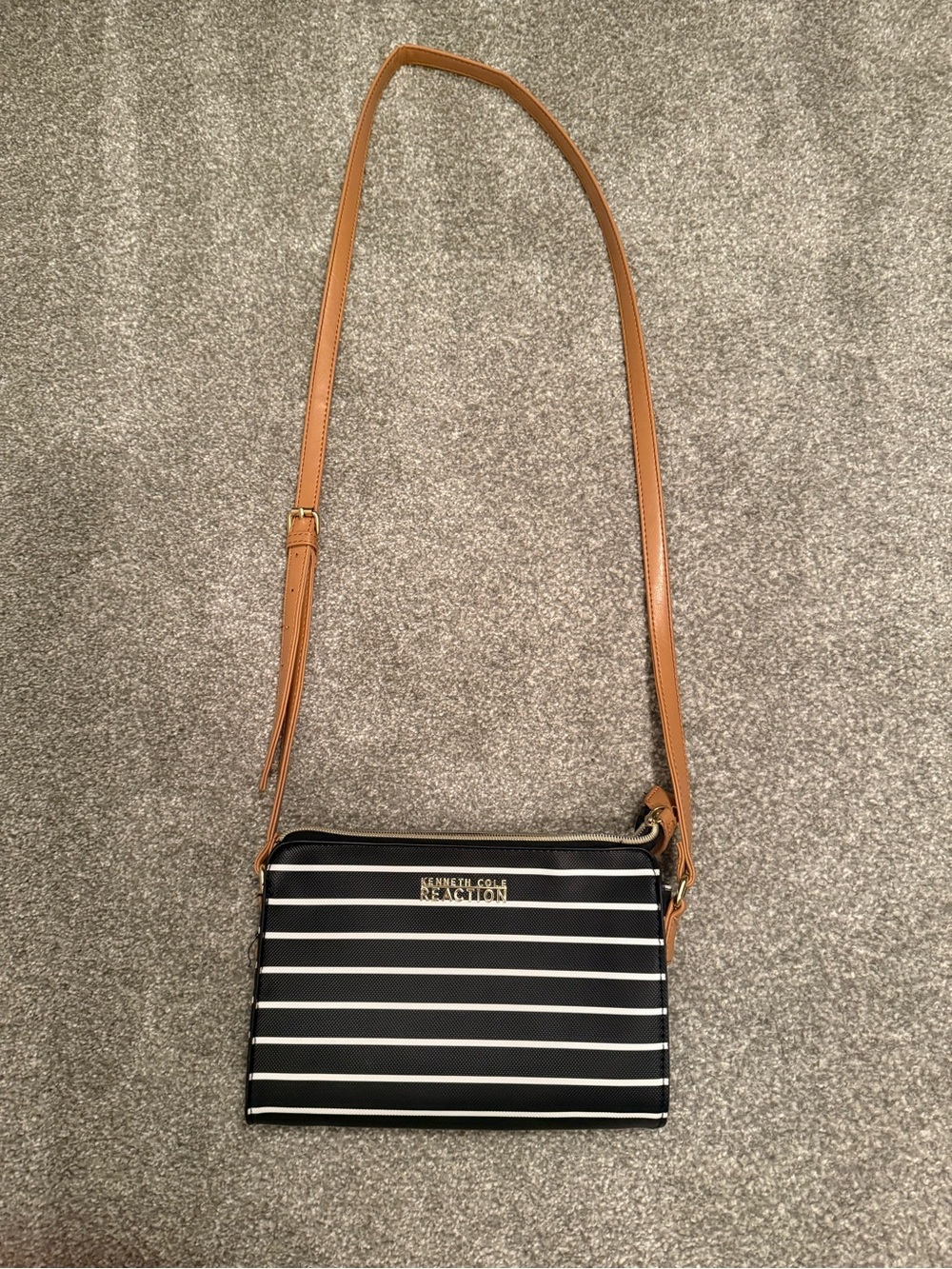 Kenneth Cole Reaction Black & White Striped Crossbody with Tan Strap